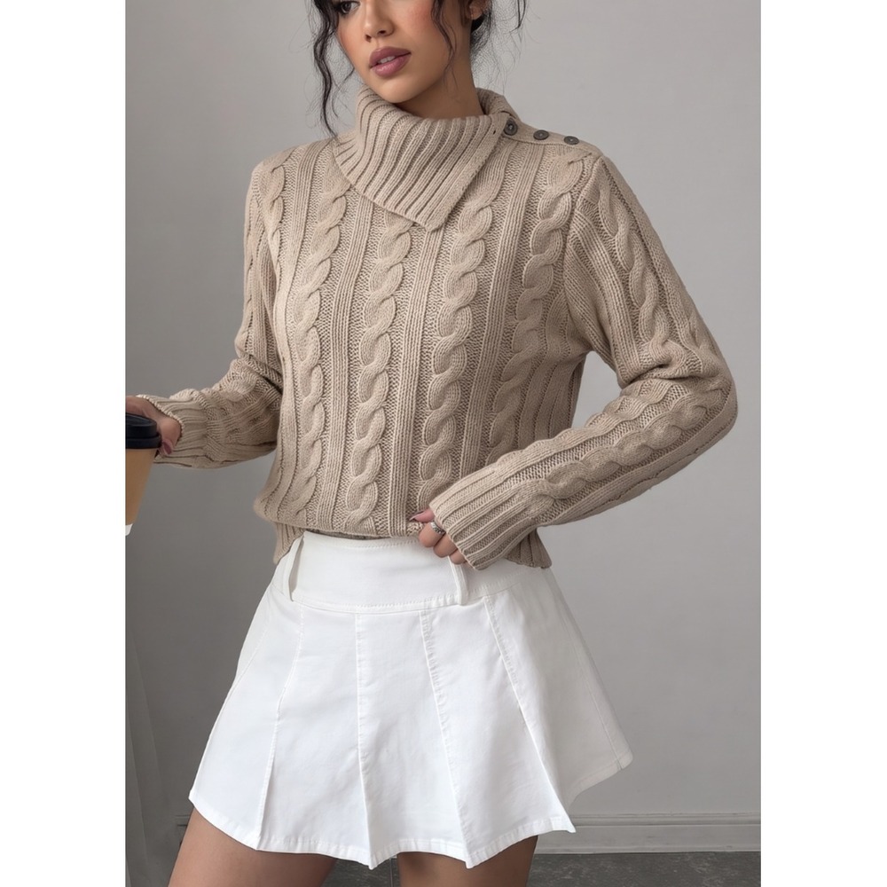 vtg Ralph Lauren Cable knit Sweater M Cashmere Tan Cowl neck button-shoulder y2k - Picture 2 of 10